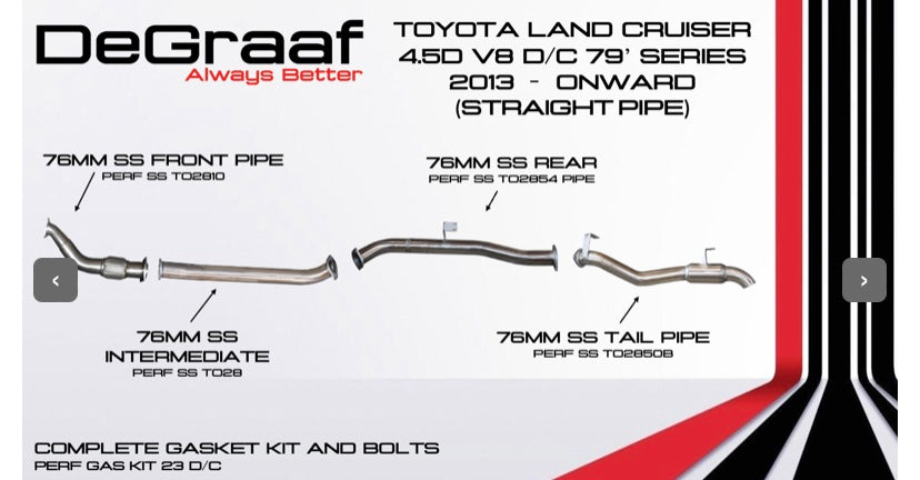De graaf Toyota Landcruiser 4.5D v8 double cab 79’ series 13 onwards full exhaust straight pipe with downpipe