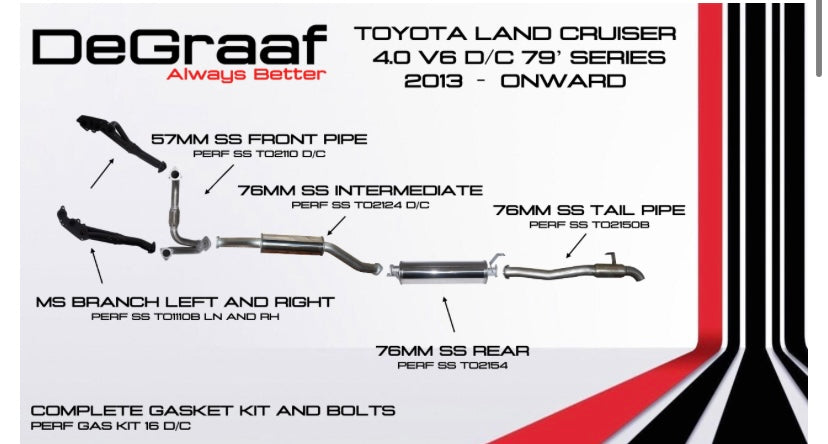Degraaf Toyota Landcruiser 4.0 v6 double cab 79 series wide nose full exhaust system & branches