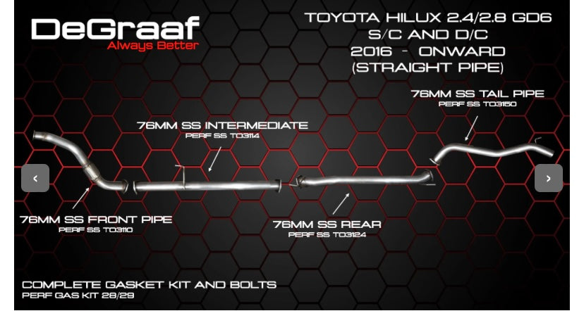 Degraaf Toyota Hilux 2.4/2.8 GD6 straight pipe exhaust & downpipe