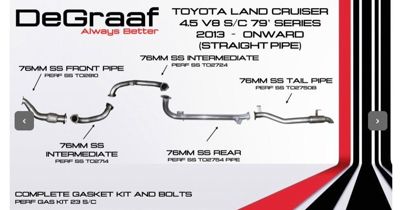 De graaf Toyota Landcruiser 4.5D v8 single cab 79’ series 13+ onwards straight pipe full exhaust & downpipe